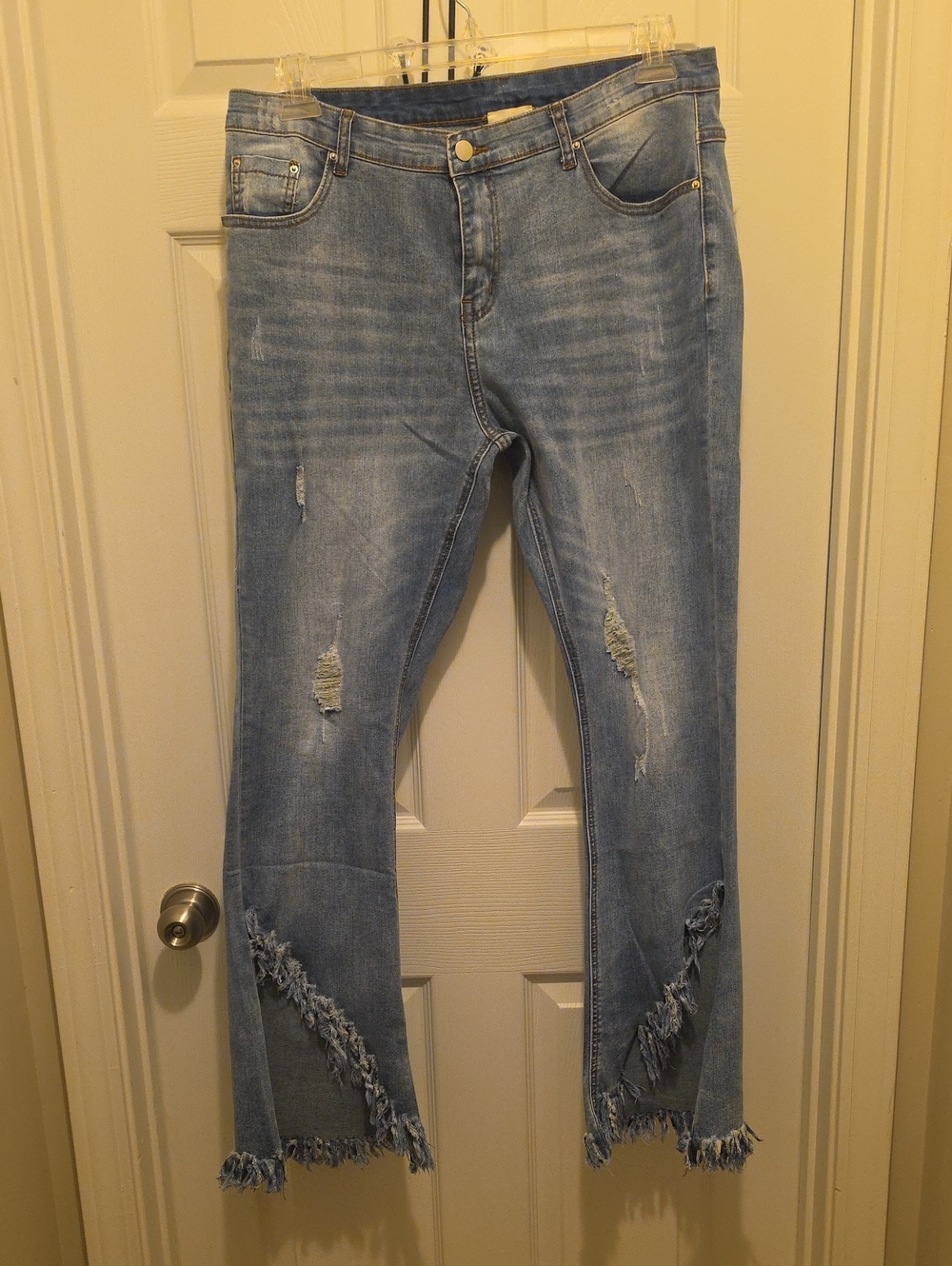 Hayden Light Blue Frayed Distressed Denim Flare Jeans